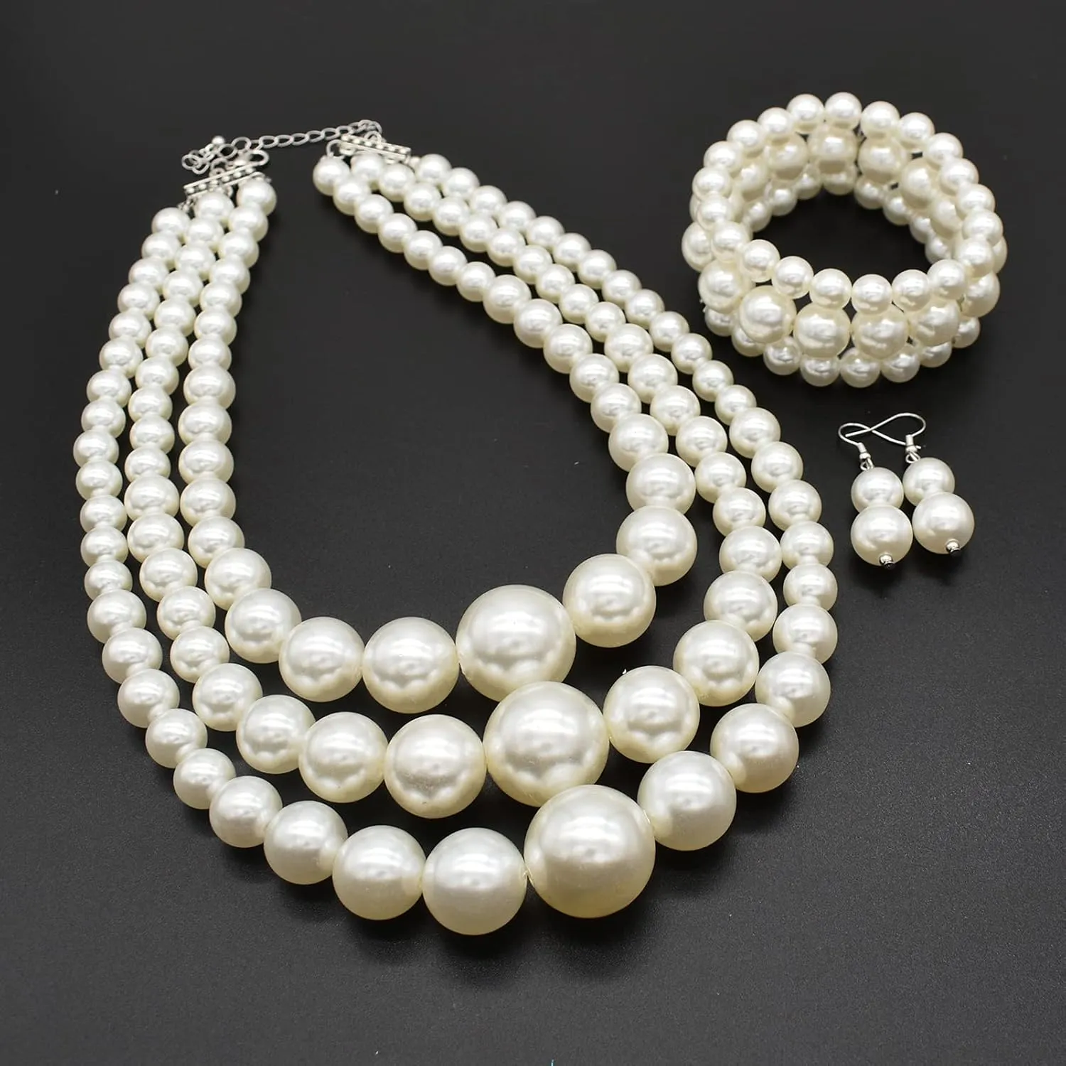 Big Chunky Pearl Necklace and Earring Set - Large Costume 1920s Faux Pearls Gatsby Accessories