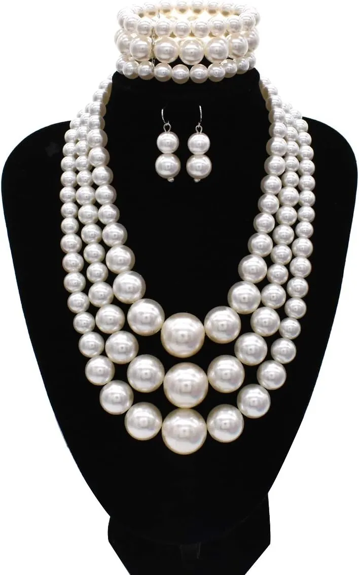 Big Chunky Pearl Necklace and Earring Set - Large Costume 1920s Faux Pearls Gatsby Accessories