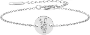 Birth Flower Bracelet 18k Gold Engraved Custom Floral Pendant Bracelets Dainty Stainless Steel Birth Month Chain Disc Charm Hand Stamped Flower Disk Bracelets Personalized Jewelry Birthday Gift for Her