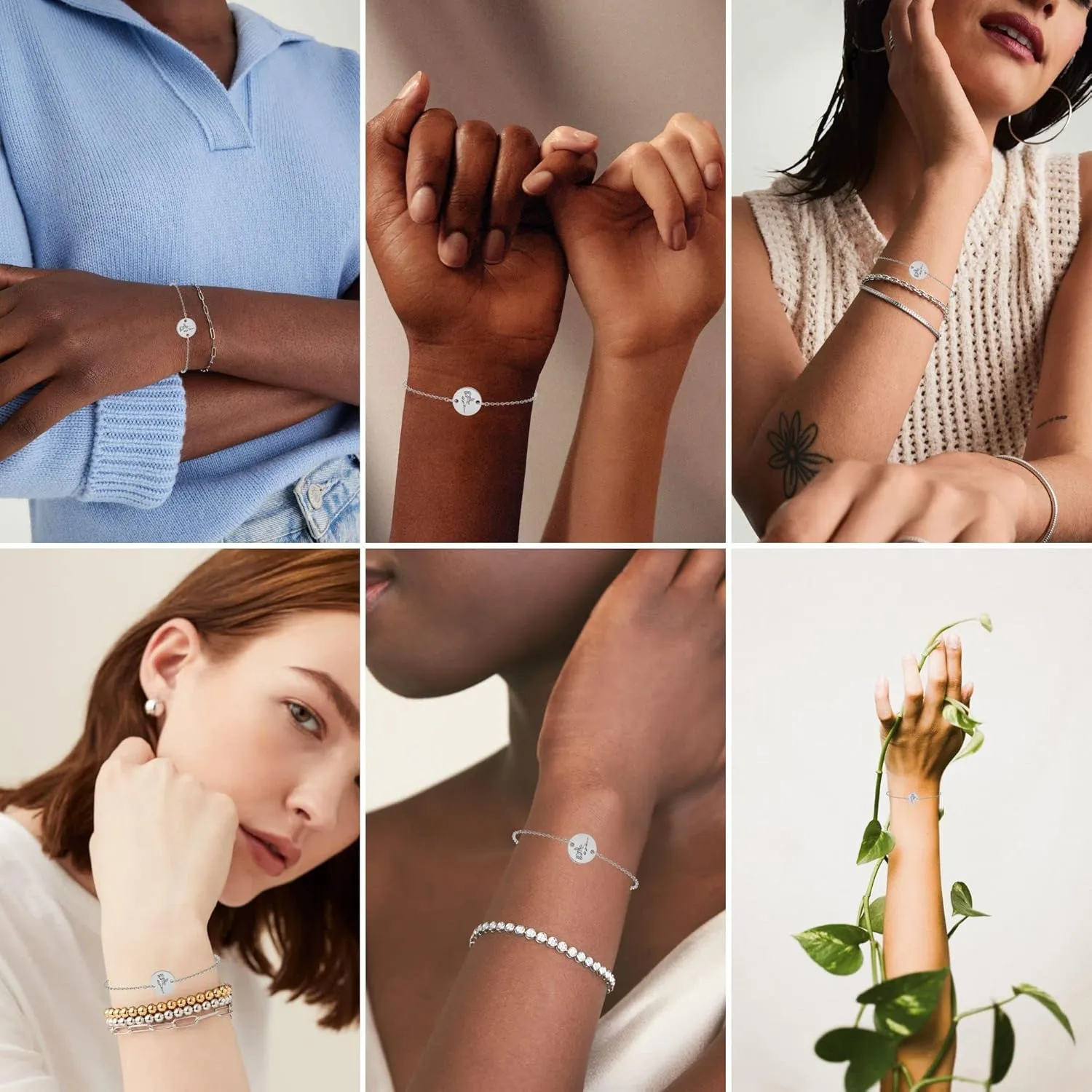 Birth Flower Bracelet 18k Gold Engraved Custom Floral Pendant Bracelets Dainty Stainless Steel Birth Month Chain Disc Charm Hand Stamped Flower Disk Bracelets Personalized Jewelry Birthday Gift for Her