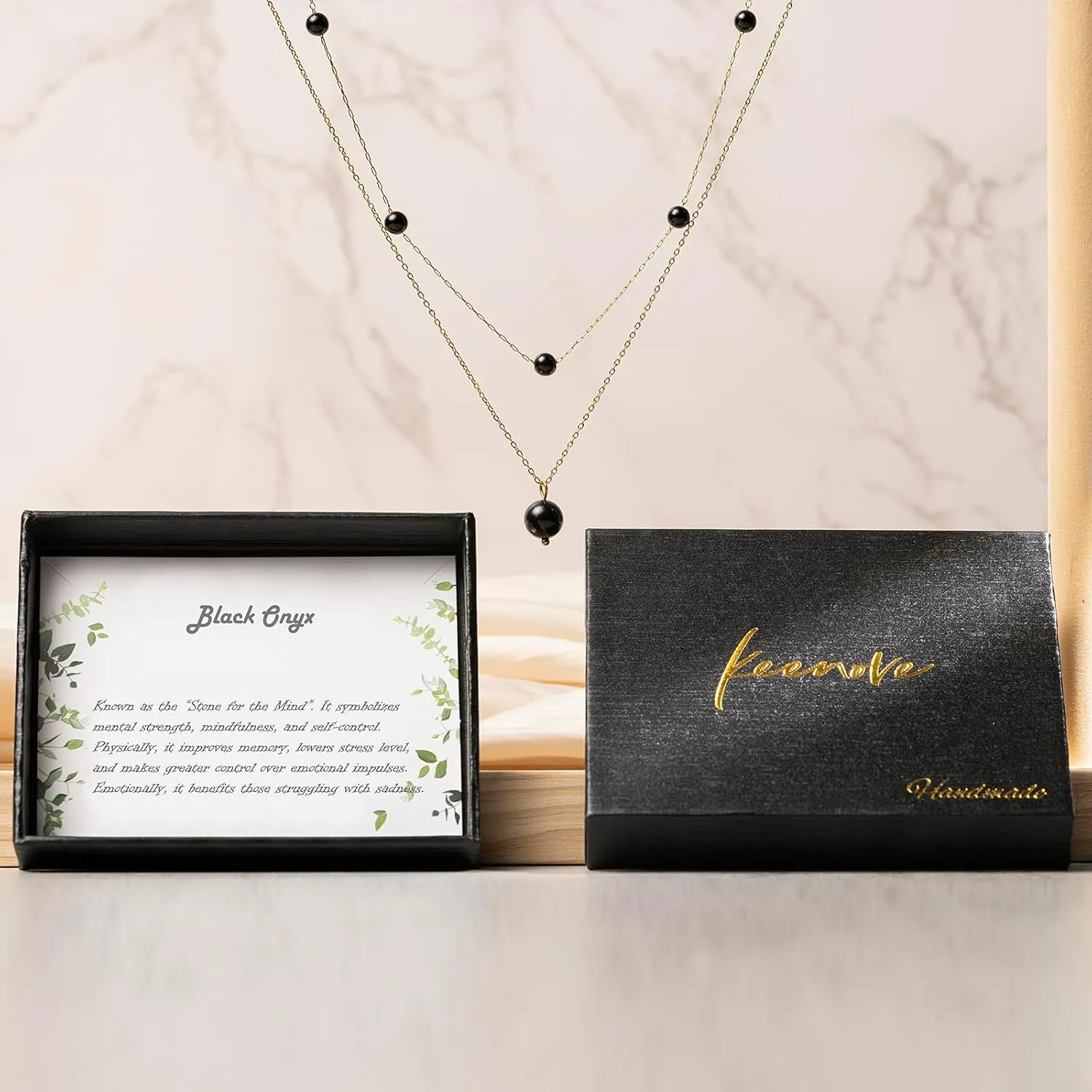 Black Tourmaline Layered Crystal 14K Gold Plated Necklace Handmade October Birthstone Beaded Necklace Jewelry Set For Women with Paperclip & Cable Station Chains Hypoallergenic Classy Elegant Keenove