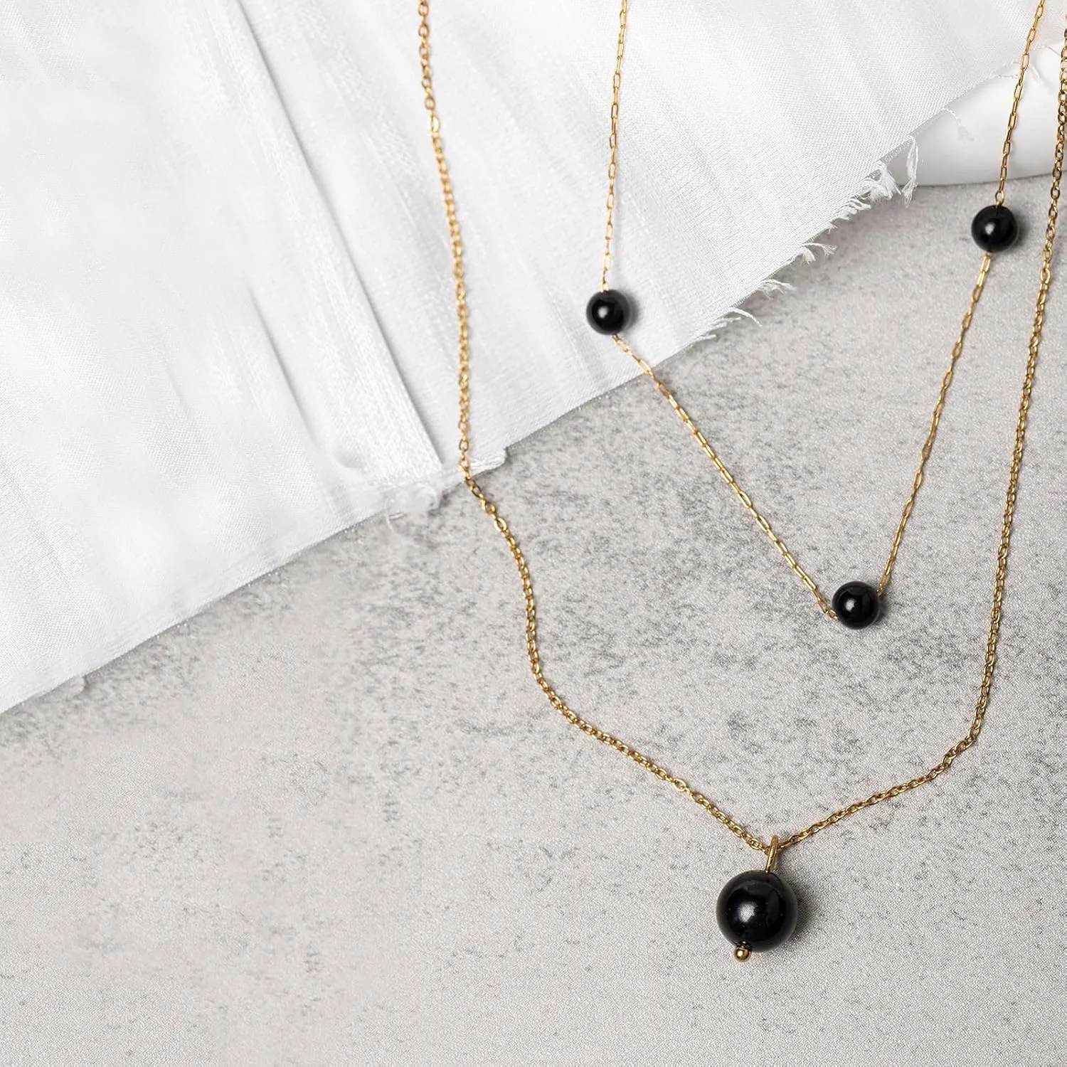 Black Tourmaline Layered Crystal 14K Gold Plated Necklace Handmade October Birthstone Beaded Necklace Jewelry Set For Women with Paperclip & Cable Station Chains Hypoallergenic Classy Elegant Keenove