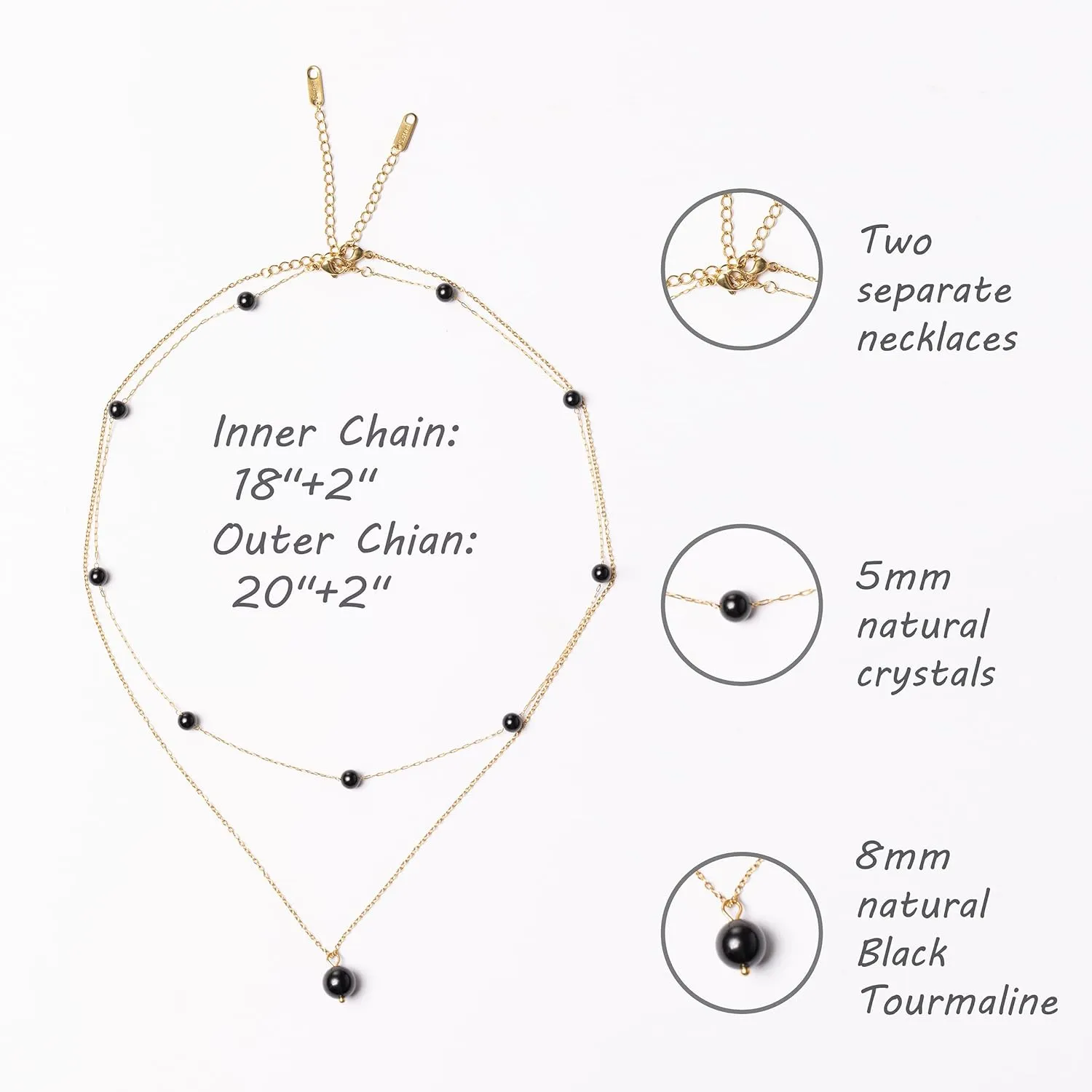 Black Tourmaline Layered Crystal 14K Gold Plated Necklace Handmade October Birthstone Beaded Necklace Jewelry Set For Women with Paperclip & Cable Station Chains Hypoallergenic Classy Elegant Keenove