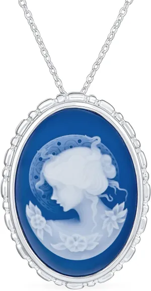 Bling Jewelry Classic Antique Vintage Style Red Blue Black White Carved Oval Framed Victorian Lady Portrait Cameo Pendant Brooch Necklace For Women .925 Sterling Silver