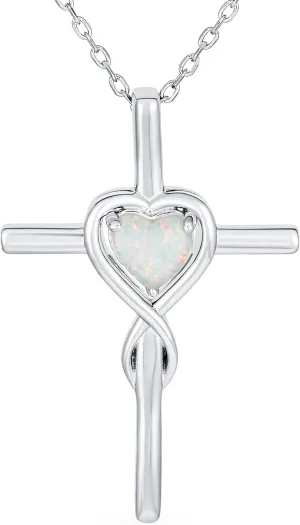 Bling Jewelry Timeless Religious Faith Hope Love Forever Gemstone Created White Opal Heart Infinity Cross Necklace Pendant For Women Teen .925 Sterling Silver October Birthstone