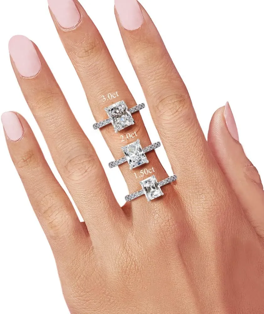 Bo.Dream Radiant Cut Cubic Zirconia CZ Engagement Rings Platinum Plated Sterling Silver
