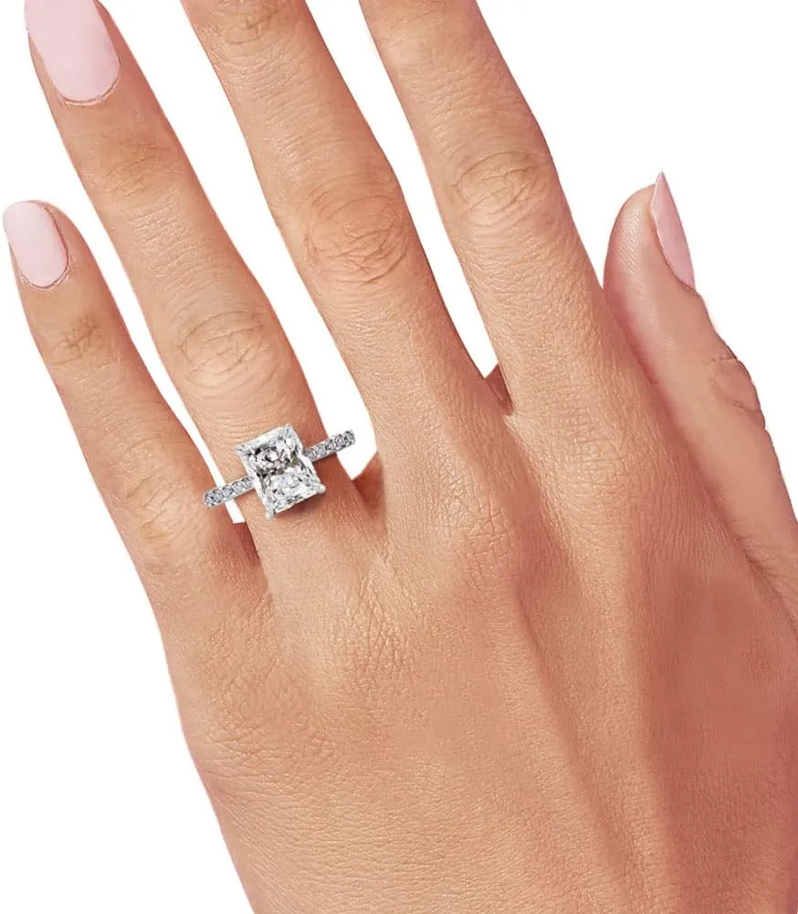 Bo.Dream Radiant Cut Cubic Zirconia CZ Engagement Rings Platinum Plated Sterling Silver