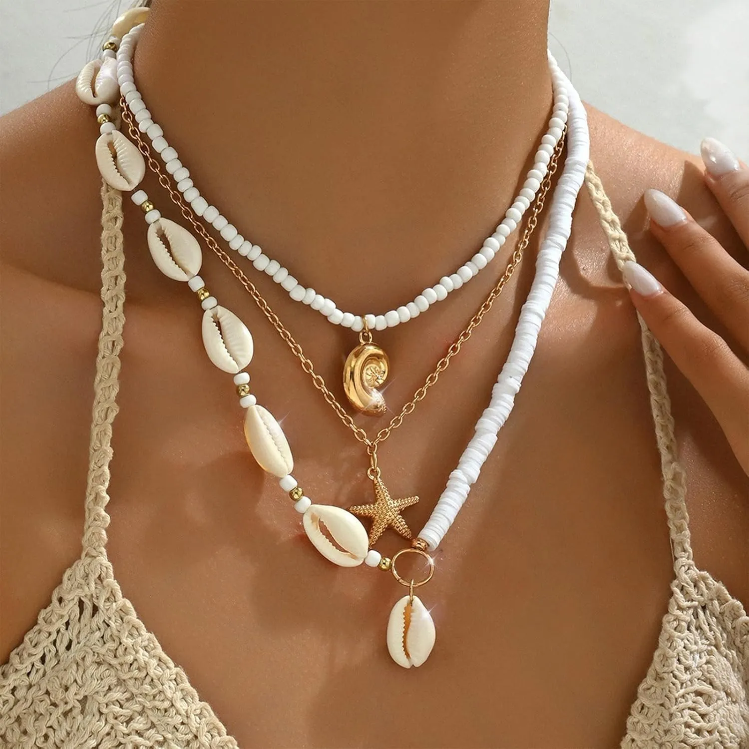 Bohemian Puka Shell Necklace Starfish Necklace Seashell Choker Necklaces for Women Beach Vacation Essentials Summer Outfits for Women Holiday Beach Surfer Jewelry