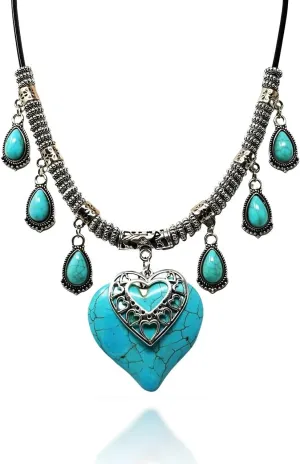 Bohemian Silver Heart Pendant Turquoise Necklace for Women - Vintage Ethnic Chunky Statement Jewelry with Adjustable Chain - Western Style Holiday & Streetwear