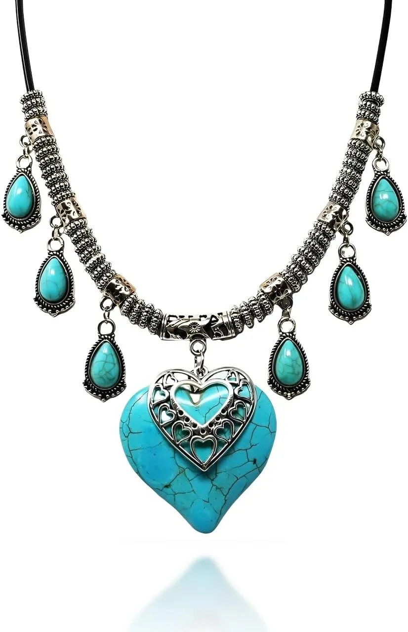 Bohemian Silver Heart Pendant Turquoise Necklace for Women - Vintage Ethnic Chunky Statement Jewelry with Adjustable Chain - Western Style Holiday & Streetwear