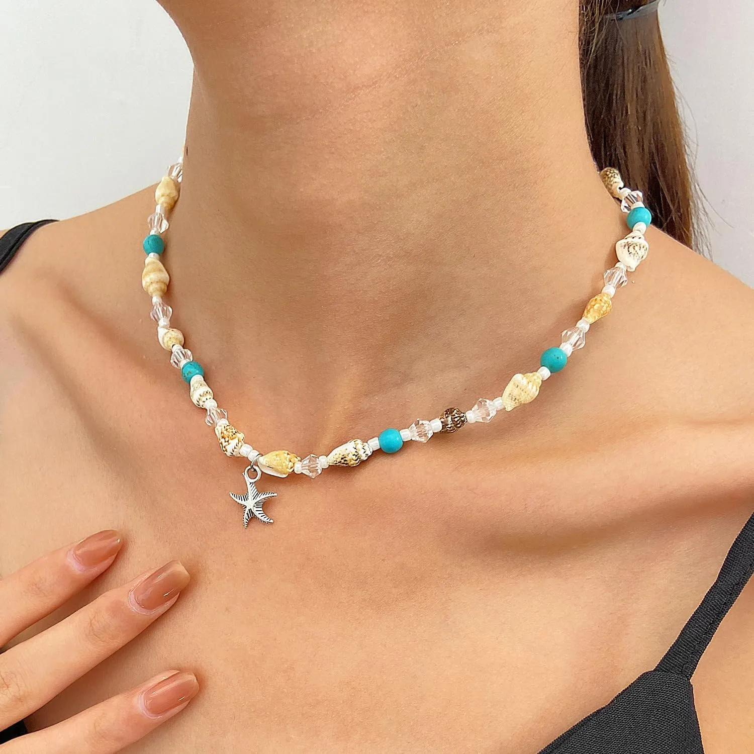 Bohemian Starfish Necklace for Women Turtle Pendant Necklace Double Layered Turquoise&Conch Beaded Necklace Summer Beach Jewelry