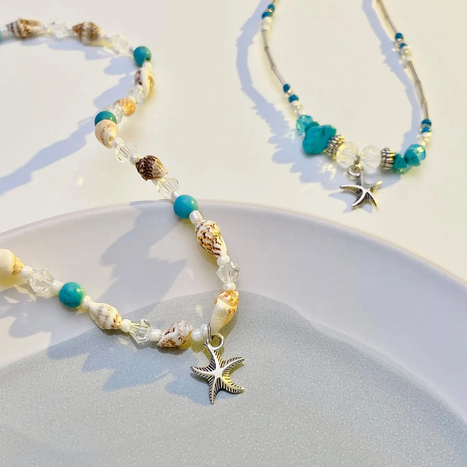 Bohemian Starfish Necklace for Women Turtle Pendant Necklace Double Layered Turquoise&Conch Beaded Necklace Summer Beach Jewelry