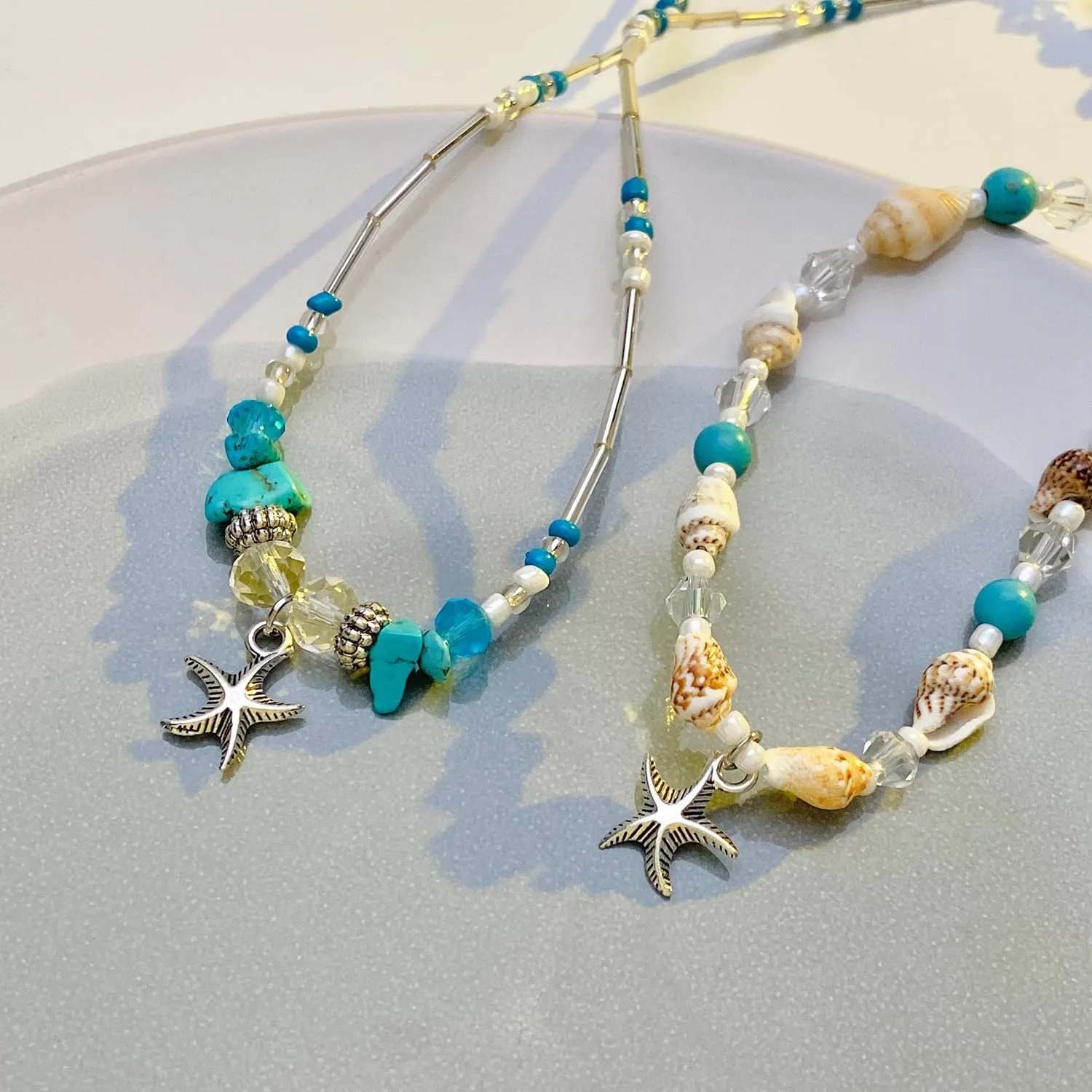 Bohemian Starfish Necklace for Women Turtle Pendant Necklace Double Layered Turquoise&Conch Beaded Necklace Summer Beach Jewelry