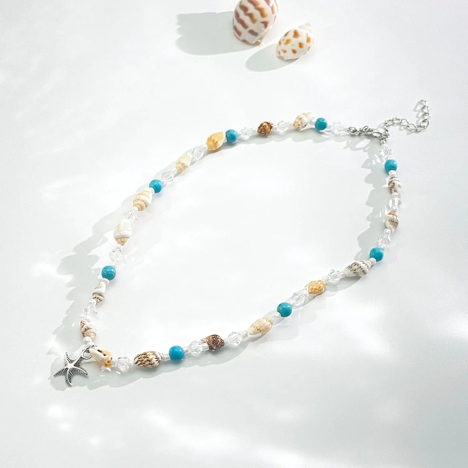 Bohemian Starfish Necklace for Women Turtle Pendant Necklace Double Layered Turquoise&Conch Beaded Necklace Summer Beach Jewelry