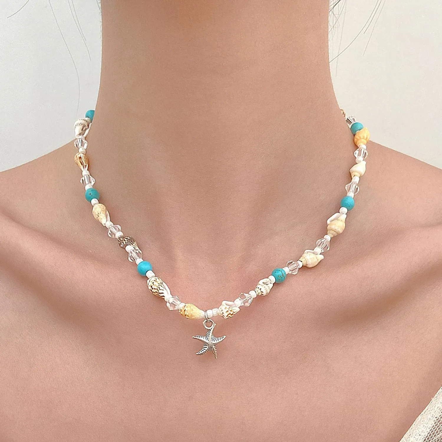 Bohemian Starfish Necklace for Women Turtle Pendant Necklace Double Layered Turquoise&Conch Beaded Necklace Summer Beach Jewelry