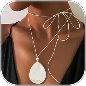 Boho Long Choker Necklace Layered White Wrap Choker Necklaces Chain Pandent Y Chain for Women