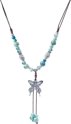 Boho Long Necklaces for Women Bohemian Butterfly Pendant Necklace Colorful Ceramic Beaded Necklace Braided Rope Necklace fot Teen Girls Mother Daughter