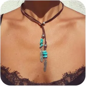 Boho Necklaces for Women Leather Necklace Summer Beach Bohemian Turquoise Pendant Necklace Country Concert Outfits Renaissance Accessories