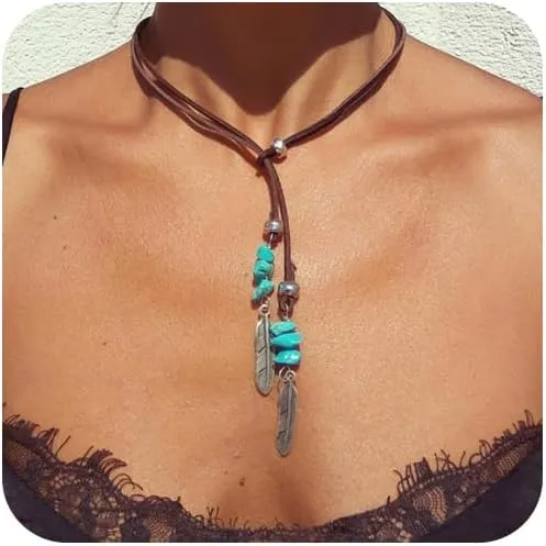 Boho Necklaces for Women Leather Necklace Summer Beach Bohemian Turquoise Pendant Necklace Country Concert Outfits Renaissance Accessories