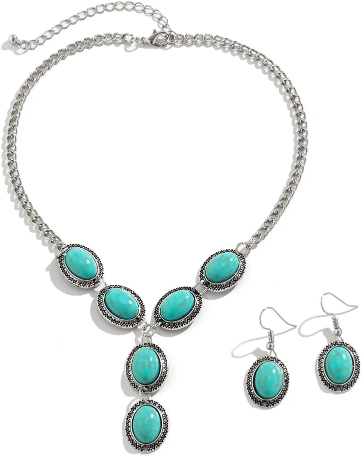 Boho Turquoise Jewelry Set With Dangle Earrings And Turquoise Necklace for Women, Handmade Animals Retro Charm Western Necklaces And Statement Earrings