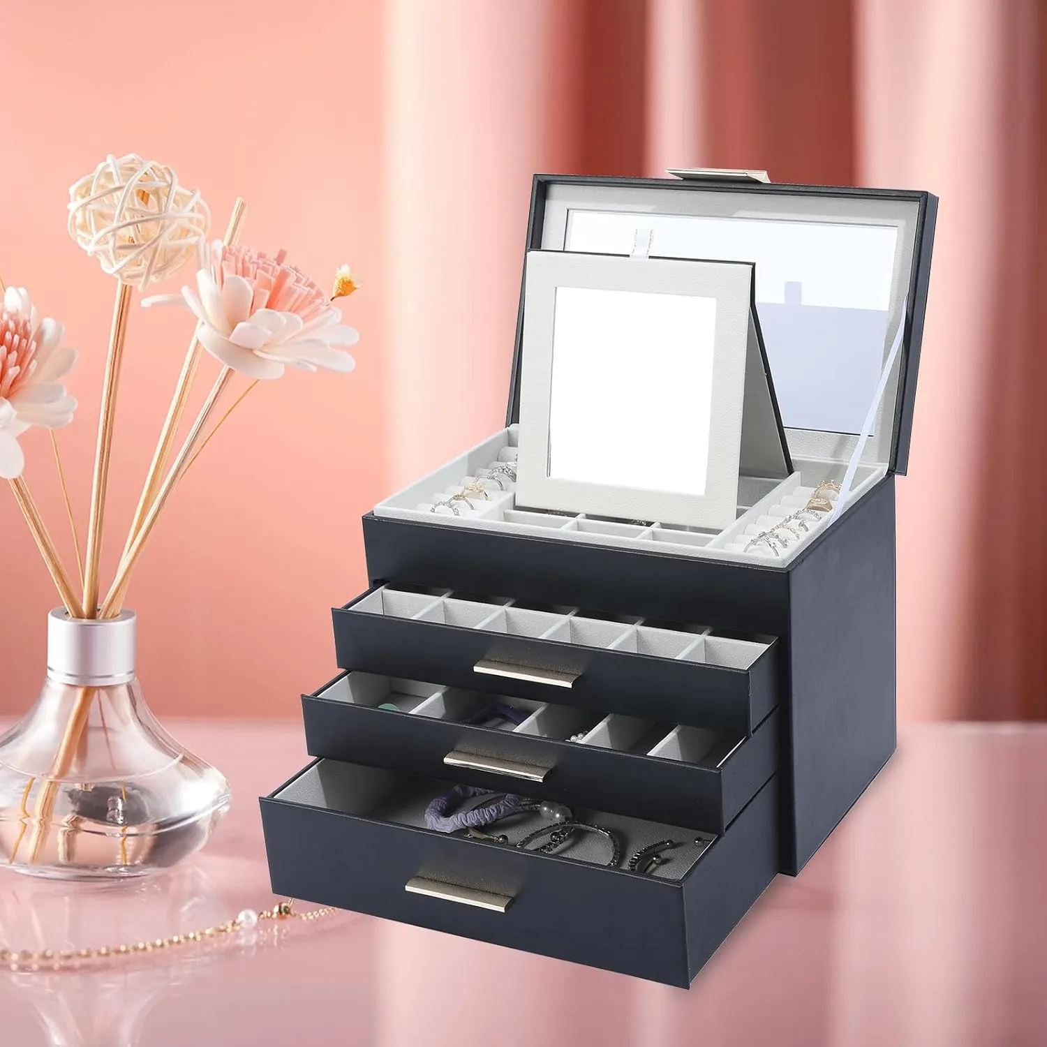 BOOVO Jewelry Boxes for Women, White and Black 4 Layer Large Jewelry Box for Necklace, Bracelet, Earrings, Rings Storage, Jewelry holder Organizer for Girls Gift (Clear Black, 4 layer)