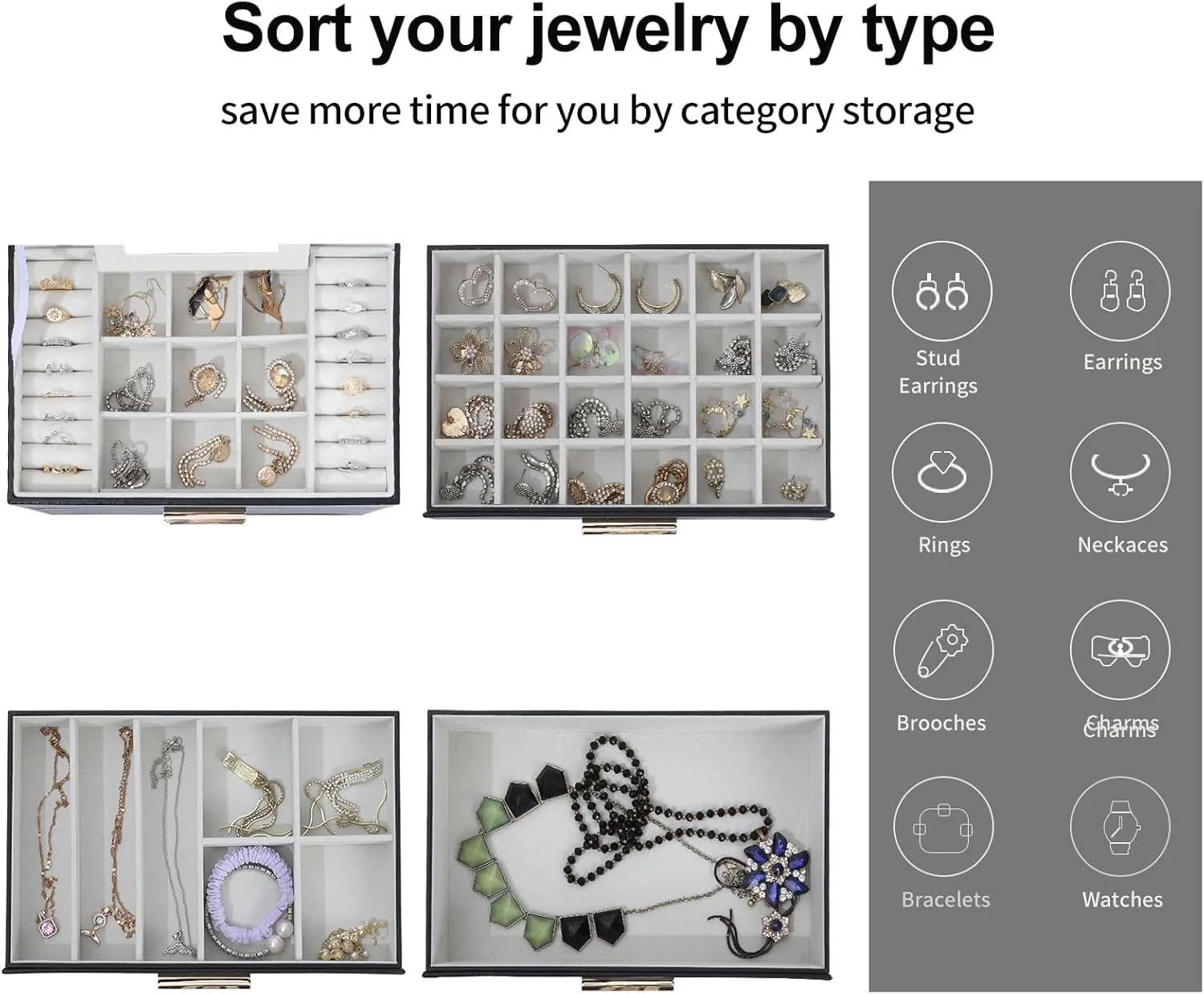 BOOVO Jewelry Boxes for Women, White and Black 4 Layer Large Jewelry Box for Necklace, Bracelet, Earrings, Rings Storage, Jewelry holder Organizer for Girls Gift (Clear Black, 4 layer)