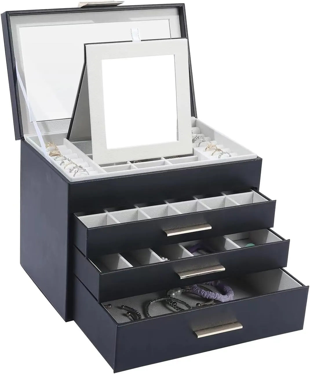 BOOVO Jewelry Boxes for Women, White and Black 4 Layer Large Jewelry Box for Necklace, Bracelet, Earrings, Rings Storage, Jewelry holder Organizer for Girls Gift (Clear Black, 4 layer)