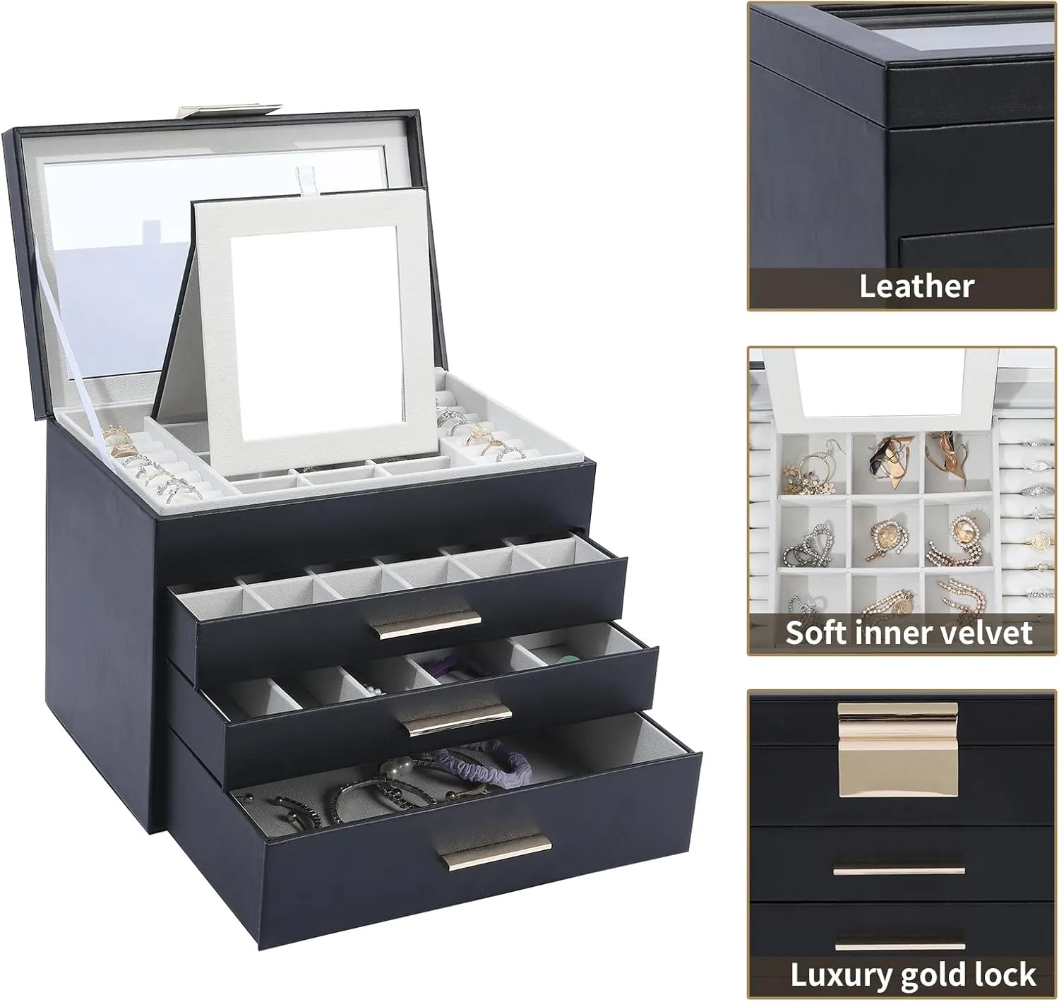BOOVO Jewelry Boxes for Women, White and Black 4 Layer Large Jewelry Box for Necklace, Bracelet, Earrings, Rings Storage, Jewelry holder Organizer for Girls Gift (Clear Black, 4 layer)
