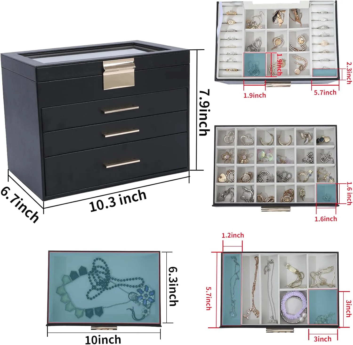 BOOVO Jewelry Boxes for Women, White and Black 4 Layer Large Jewelry Box for Necklace, Bracelet, Earrings, Rings Storage, Jewelry holder Organizer for Girls Gift (Clear Black, 4 layer)