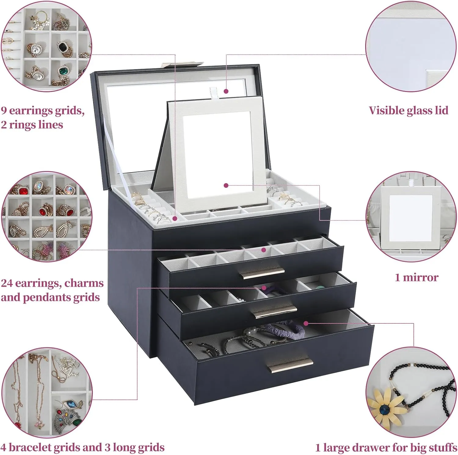 BOOVO Jewelry Boxes for Women, White and Black 4 Layer Large Jewelry Box for Necklace, Bracelet, Earrings, Rings Storage, Jewelry holder Organizer for Girls Gift (Clear Black, 4 layer)