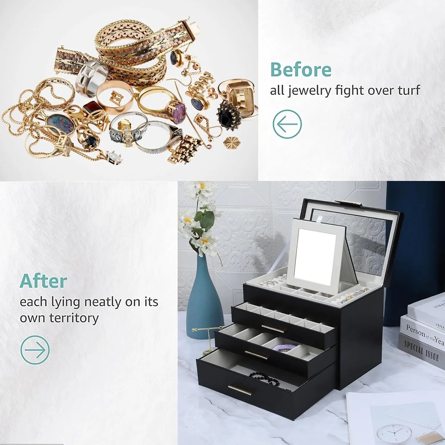 BOOVO Jewelry Boxes for Women, White and Black 4 Layer Large Jewelry Box for Necklace, Bracelet, Earrings, Rings Storage, Jewelry holder Organizer for Girls Gift (Clear Black, 4 layer)