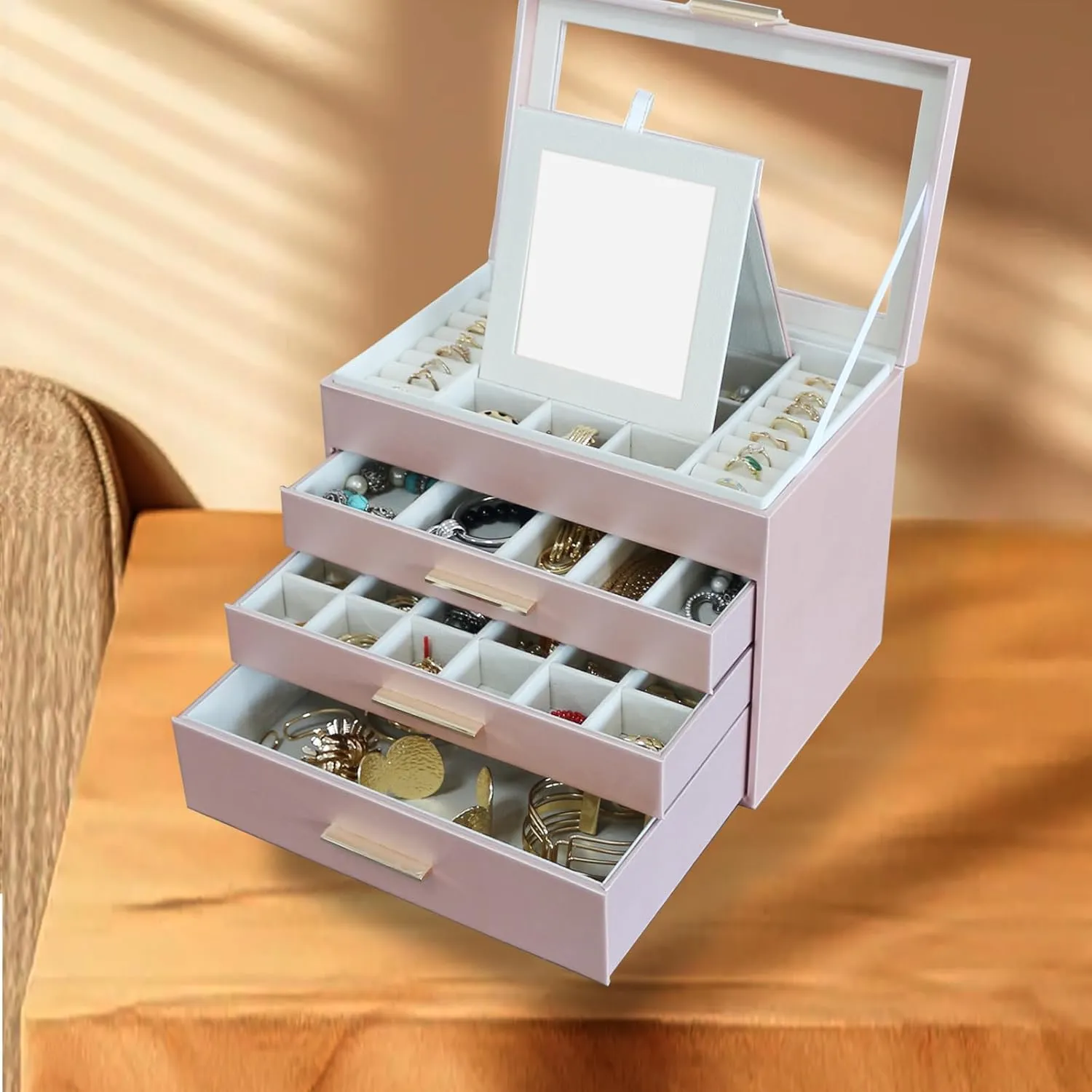 BOOVO Jewelry Boxes for Women, White and Black 4 Layer Large Jewelry Box for Necklace, Bracelet, Earrings, Rings Storage, Jewelry holder Organizer for Girls Gift (Rose gold, 4 layer)