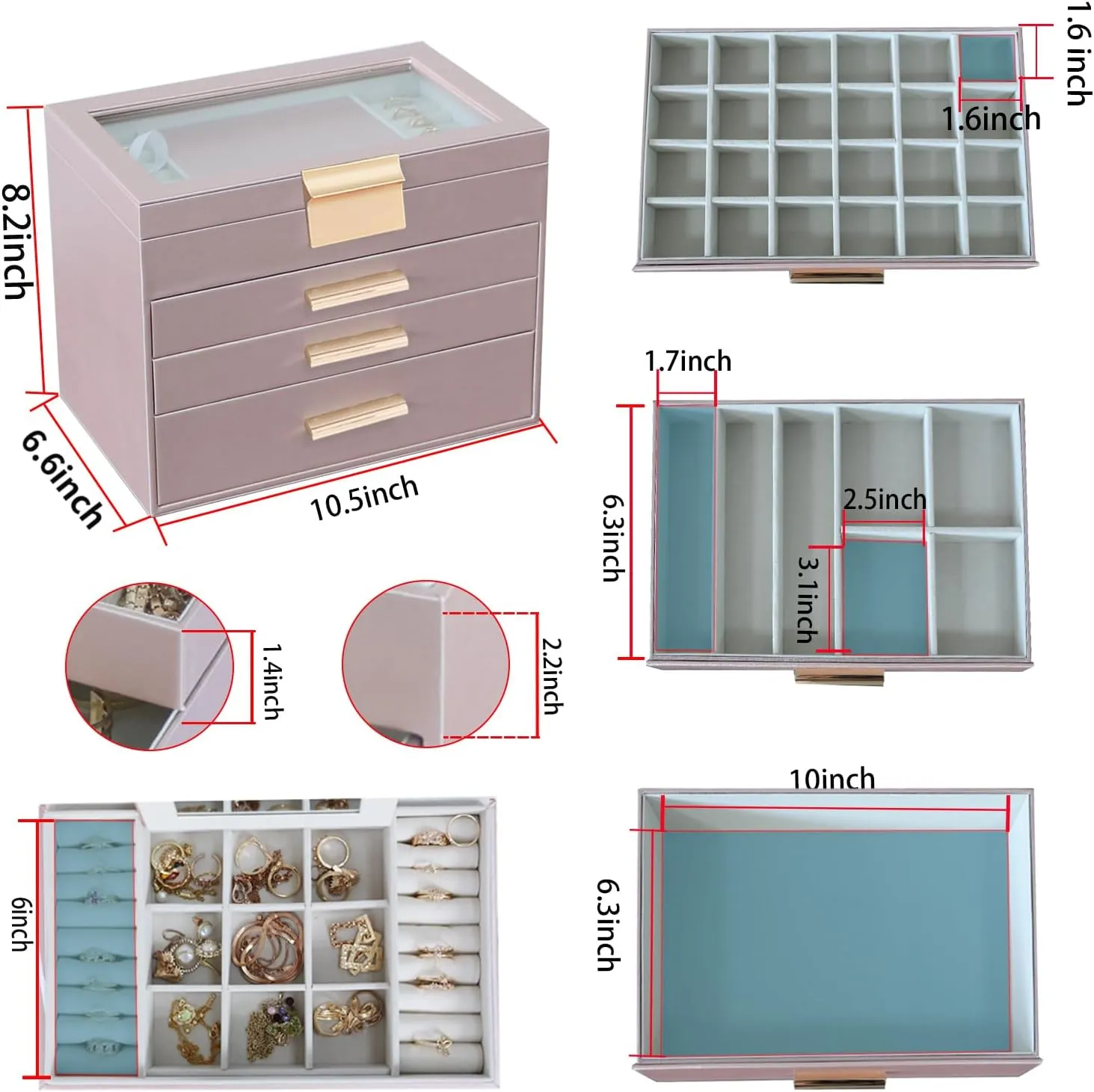 BOOVO Jewelry Boxes for Women, White and Black 4 Layer Large Jewelry Box for Necklace, Bracelet, Earrings, Rings Storage, Jewelry holder Organizer for Girls Gift (Rose gold, 4 layer)