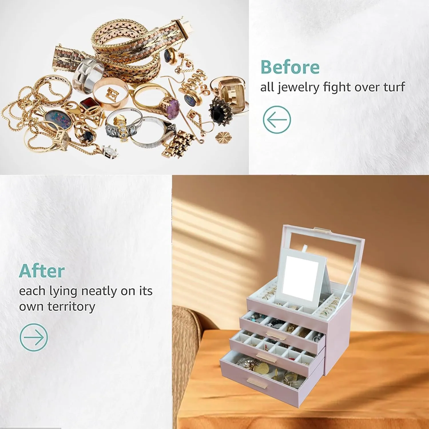BOOVO Jewelry Boxes for Women, White and Black 4 Layer Large Jewelry Box for Necklace, Bracelet, Earrings, Rings Storage, Jewelry holder Organizer for Girls Gift (Rose gold, 4 layer)