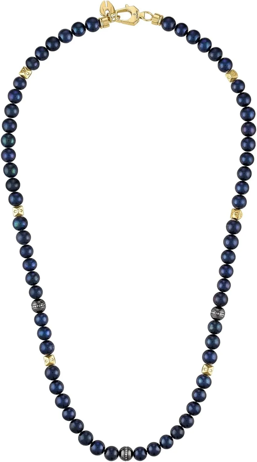 Bulova Jewelry Men's Classic Beaded Navy Fresh Water Pearls, Sterling Silver Beads accented with Diamonds, and Gold-tone Hexagonal Spheres Necklace, Length 22" Style:BVC1060-G6SSC4FWP