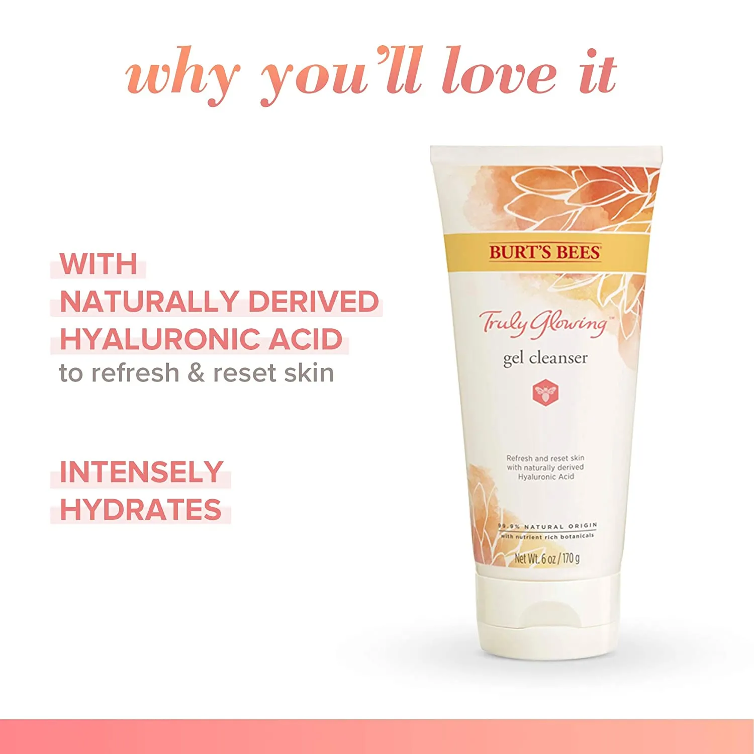 Burt's Bees Truly Glowing Refreshing Gel Cleanser with Naturally Derived Hyaluronic Acid and Other Natural Origin Ingredients, 6 Fluid Ounces