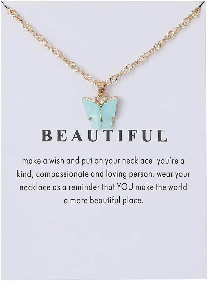 Butterfly Necklace Bohemian Retro Chain Friendship Necklace for Women Good Luck Pendant Chain Necklace with Message Card Gift Card