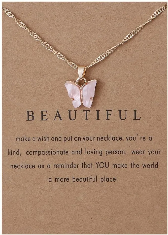 Butterfly Necklace Bohemian Retro Chain Friendship Necklace for Women Good Luck Pendant Chain Necklace with Message Card Gift Card