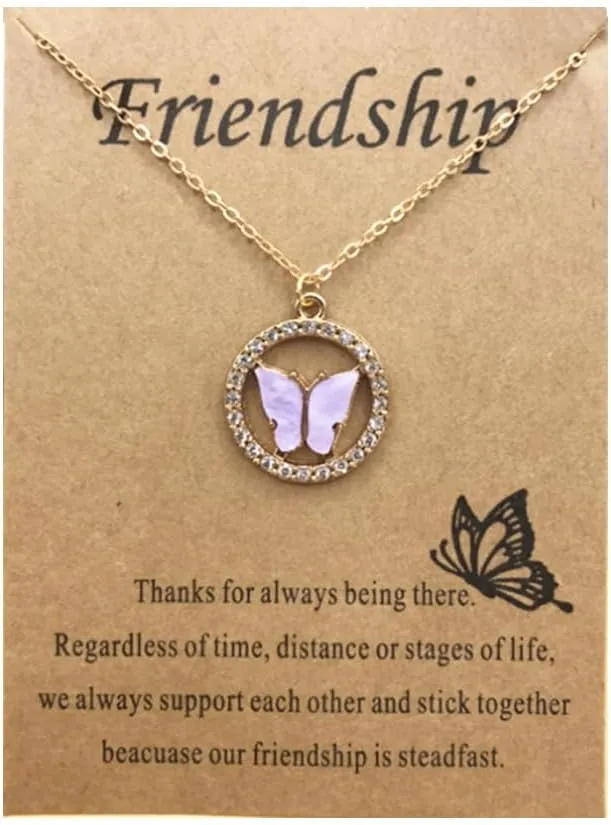 Butterfly Necklace Bohemian Retro Chain Friendship Necklace for Women Good Luck Pendant Chain Necklace with Message Card Gift Card