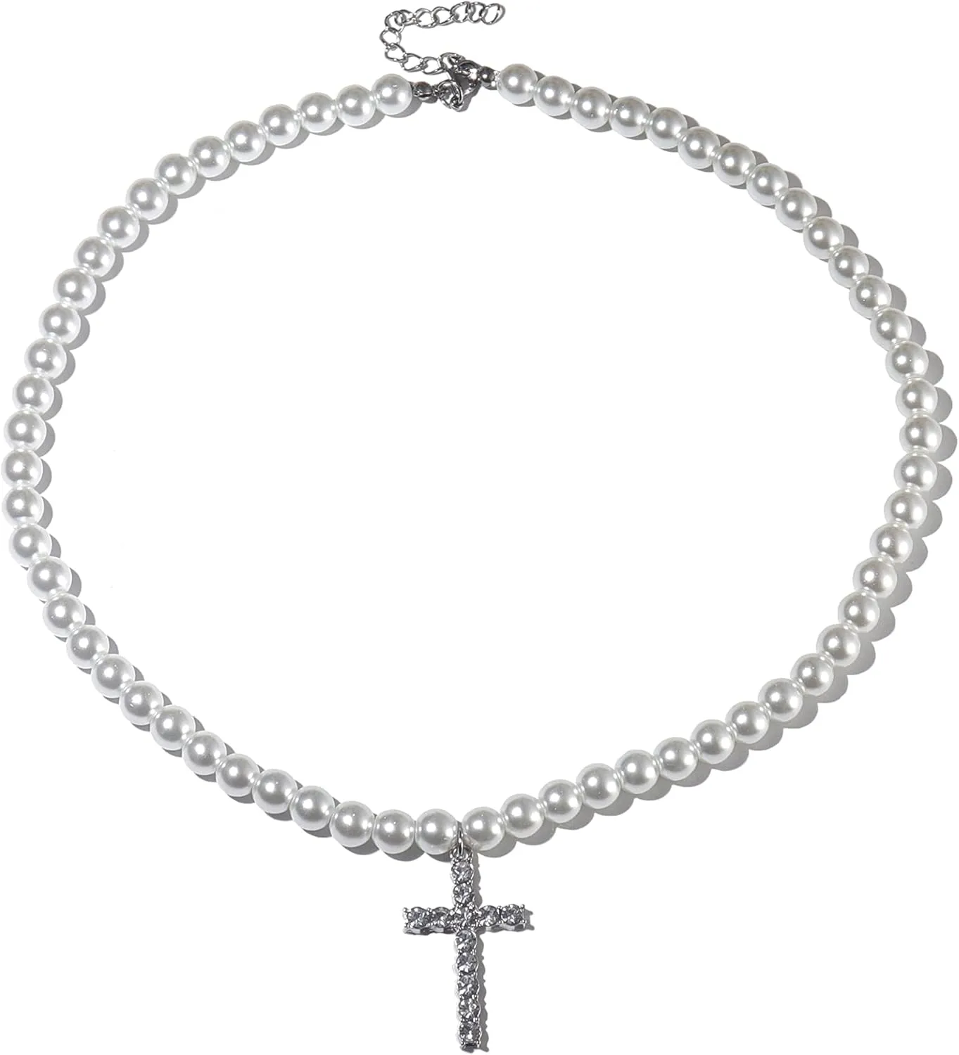 Caiyao Pearl Necklace for Men,White Pearl Necklace for Women,Faux Round Pearl Choker Necklace,Pearl Crystal Cross Pendant Necklace,Pearl Jewelry for Man