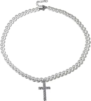 Caiyao Pearl Necklace for Men,White Pearl Necklace for Women,Faux Round Pearl Choker Necklace,Pearl Crystal Cross Pendant Necklace,Pearl Jewelry for Man