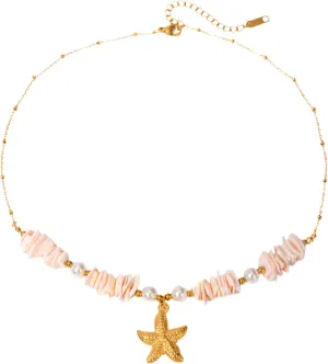 CANYEN 18k Gold Plated Seashell Starfish Pendant Puka Shell Necklace, Women's Adjustable Waterproof Surfer Choker Necklaces, Elegant Hawaiian Ocean Costal Jewelry Gifts for Ladies