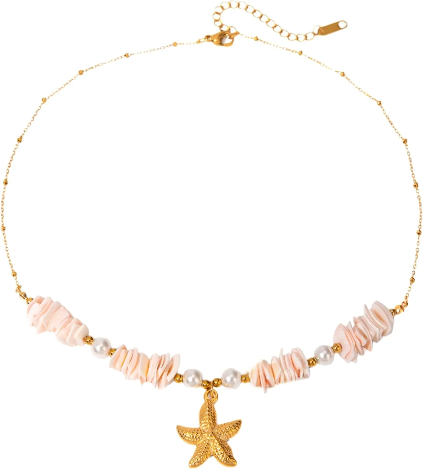 CANYEN 18k Gold Plated Seashell Starfish Pendant Puka Shell Necklace, Women's Adjustable Waterproof Surfer Choker Necklaces, Elegant Hawaiian Ocean Costal Jewelry Gifts for Ladies