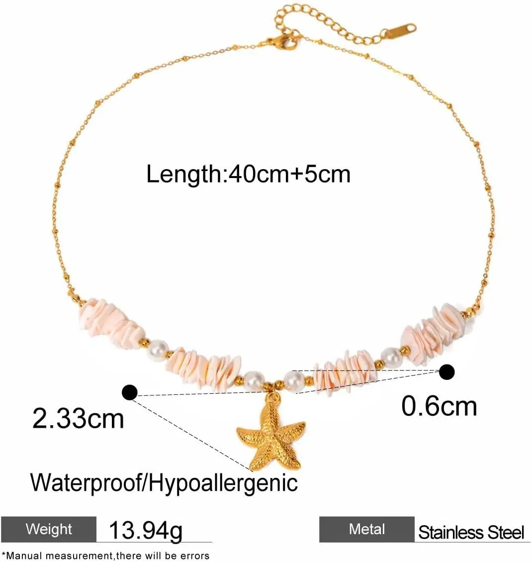 CANYEN 18k Gold Plated Seashell Starfish Pendant Puka Shell Necklace, Women's Adjustable Waterproof Surfer Choker Necklaces, Elegant Hawaiian Ocean Costal Jewelry Gifts for Ladies