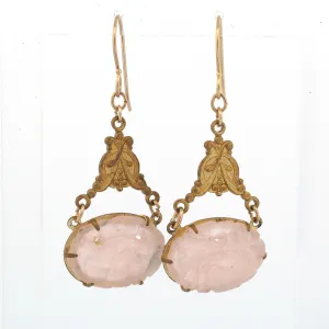 Carved Rose Quartz and Stamped Brass Pendaloque Earrings j-ervn1001