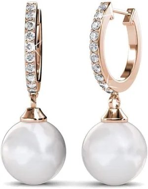 Cate & Chloe Daphne 18K White Gold Dangle Earrings with Crystals and Pearl, Silver Drop Earrings for Women