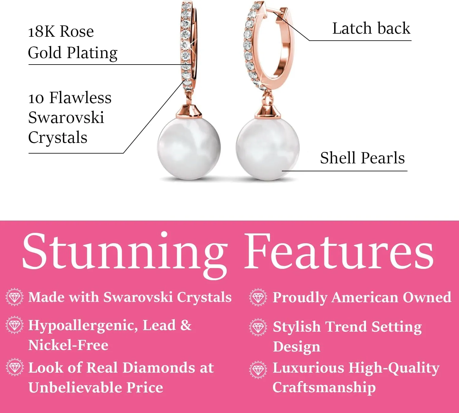 Cate & Chloe Daphne 18K White Gold Dangle Earrings with Crystals and Pearl, Silver Drop Earrings for Women