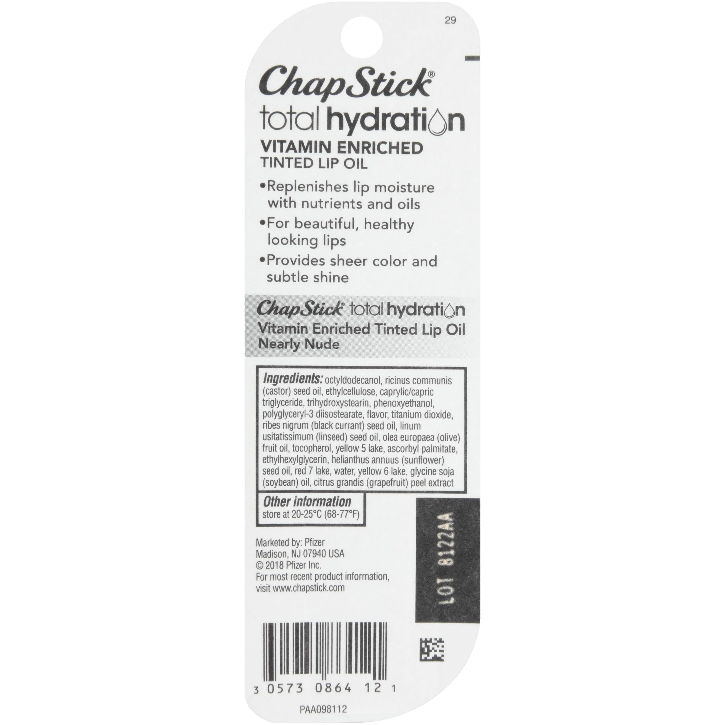 ChapStick Total Hydration Vitamin Enriched Nearly Nude Tinted Lip Oil Tube, Lip Care - 0.24 Oz