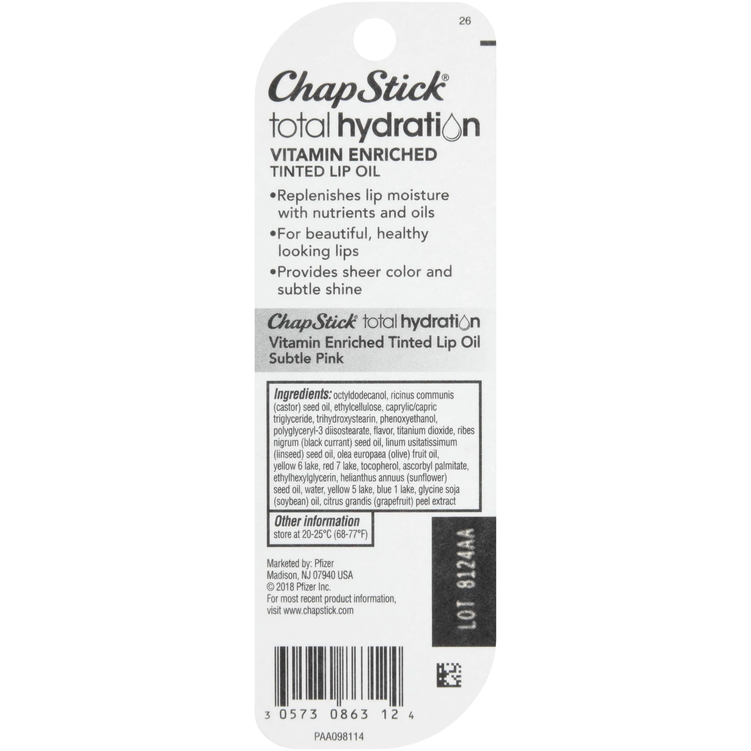 ChapStick Total Hydration Vitamin Enriched Subtle Pink Tinted Lip Oil Tube, Lip Care -0.24 Oz