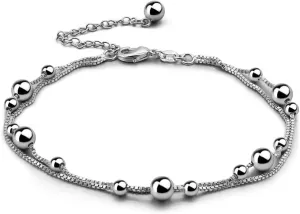 Charm Fashion 925 Sterling Silver Double Box Chain Anklet Bracelet Simple Adjustable Cute Bell Mickey Bracelet Gift For Women -Barefoot Beach Jewelry
